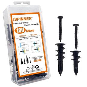 ISPINNER 100pcs #6#8 Self Drilling Plastic Drywall Anchors with Screws, Self Tapping Sheetrock Anchors Hanging and Mounting 50-75lbs(Black)