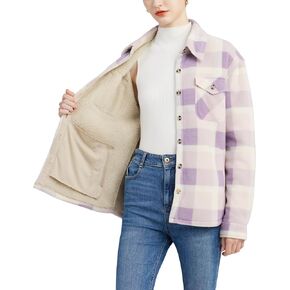 SLOWTOWN Women's Flannel Jacket Sherpa Fleece Lined Plaid Shacket Button Down Long Sleeve Shirt Jacket with 4 Pockets
