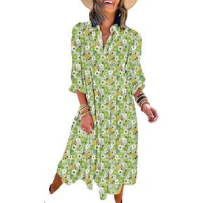Dokotoo Women's Casual Loose Bohemian Floral Dresses 2024 Long Puff Sleeve V Neck Ruffle A Line Flowy Summer Beach Dress