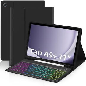 EAMPANG Case with Keyboard for Samsung Galaxy Tab A9 Plus 11 inch (SM-X210/X216/X218),7 Color Rainbow Backlight Detachable Keyboard Magnetic Case with Pen Slot for Tablet A9+ 5G Purple