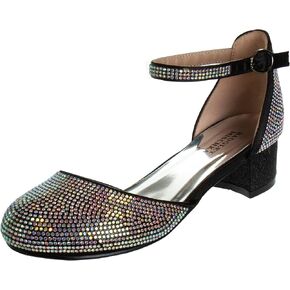 Badgley Mischka Girls Dress Block Medium Heel Party Pumps - Closed Toe Ankle Strap High Heels for Girl - Black/Silver/Champagne/Rose Gold (Sizes 11-13 Little Kid/Sizes 1-5 Big Kid)