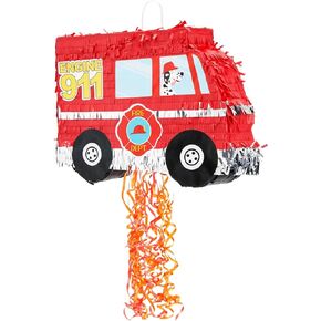 BLUE PANDA Pull String Fire Truck Pinata for Birthday Party Decorations, Firefighter Party Supplies (Small, 16.5 x 13 x 3 Inches)