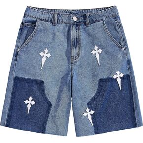 BEAUDRM Men's Cross Pattern Patch Raw Hem Jean Shorts Color Block Cut Off Denim Shorts