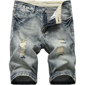HiLY Men's Casual Ripped Denim Shorts Stylish Distressed Straight Leg Jeans Shorts
