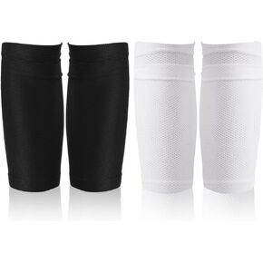 2 Pair Shin Pads Socks, Soccer Shin Guard Covers Socks Breathable Football Shin Pads Holders Soccer Sock Sleeves Soft Calf Sleeves for Kids Adults Beginners (Black & White)