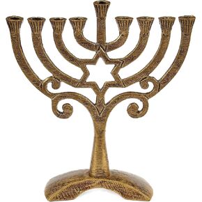 Vintage Aluminum Candle Menorah - Fits all Standard Chanukah Candles - Traditional Star Design with Antique Gold Finish