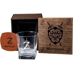 Whiskey Glass Gift Set for Him and Her - Game-Inspired Unique Handcrafted Present Idea - TLOZ Fans Gifts (Customized - Add Your Text)