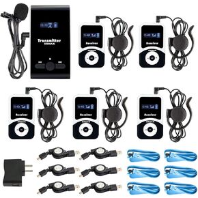 EXMAX® ATG-100T 195MHZ Wireless Tour Guide System Translator Headset Device Channel 99 Social Distancing Assisted Listening System for Churches Church Translation Meet (1 Transmitter 5 Receivers)