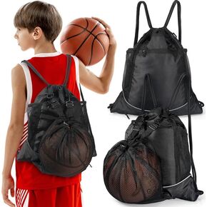 Reginary 2 Pieces Drawstring Basketball Bag for Boys Soccer Drawstring Backpack Portable Gym Bag Basketball Volleyball Backpack Sackpack with Detachable Ball Mesh Bag Sack Present for Kids