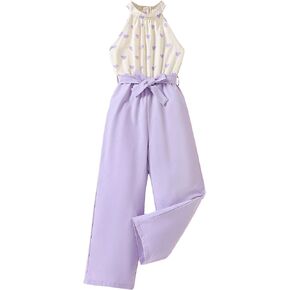 OYOANGLE Girl's Heart Graphic Print Sleeveless Halter Jumpsuits High Waist Wide Leg Jumpsuit Pants