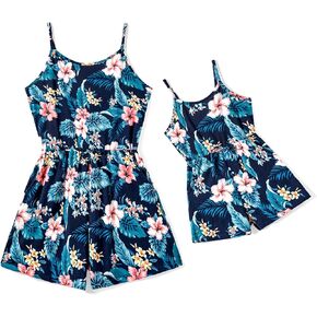 PATPAT Mommy and Me Matching Rompers Floral Print Suspender Sleeveless Crewneck Matching Jumpsuits