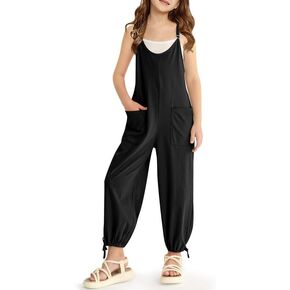 BesserBay Girls Sleeveless Jumpsuit Long Pants Drawstring Cuffs Romper With Pockets