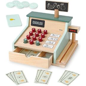 PairPear Wooden Toy Cash Register,Kids Pretend Play Money Counting Toys with Scanner and Credit Card,Toddler Cashier Toy Grocery Play Food Accessory for Pre-School Gift Boys Girls 3+