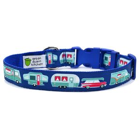 RV Camping Dog Collar - Blue Camper Collar - Vintage Car & Trailer - Motorhome - Teardrop Camper - Pop-Up Tent Trailer - 4 Sizes - 1 Inch Wide (Medium 12-17")