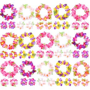 Blulu 18 Set Hawaiian Flower Leis Headbands and Bracelets, Luau Party Favors, Colorful Tropical Silk Flower Leis, Birthday Wedding Beach Decorations