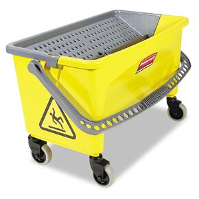 Rubbermaid Commercial Mop Bucket, Press Wring Mop Bucket for Microfiber Flat Mops, Mop Bucket with Wringer On Wheels,18" Yellow