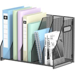 VEESUN Desk Organizer Vertical Magazine Folder Organizer with 5 Vertical Compartments File Organizer with Side Handles for Office, Home school Studio, Metal Mesh Black