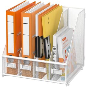 DALTACK Magazine File Holder | 4-Compartment File Organizer for Desk - Metal Mesh Vertical Desk Organizer for Paper Letter Mail Folder Binder Book Desktop Organization and Storage - White