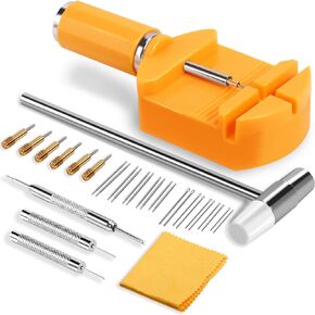 HECHIO 32 Pieces Watch Link Removal Kit，Professional Watch Band Replacement Tool，10 Pcs Spare Spring Bars and 10 Pcs Cotter Pins, 1 Double Head Hammer, 6 Spare Pins