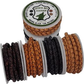 Coyote Bay® Leather Bolo Braided Genuine Leather Cord in 4 Classic Matte Colors, 6.5 Feet Each, 26 ft Total, for Jewelry Making, Crafts and Hobby Projects (4mm)