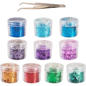 Pandahall 10 Boxes Nail Foil Flakes Gold Nail Foil Nail Foil Paillette Glitter Metallic Foil Flakes Gilding Flakes & 1Pc Tweezers for Resin Earring Jewelry Making Face Makeup Nails Crafts 10 Colors