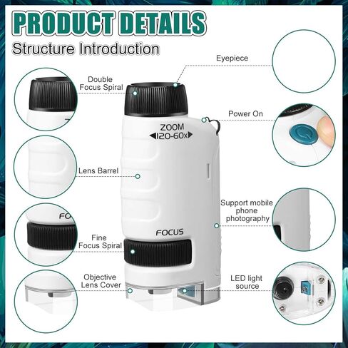 Tellegloww 2 حزمة مجهر جيب 60x-120x LED مجهر صغير مضاء للأطفال نطاق صغير محمول للأطفال مع 50 قطعة شرائح فارغة للتعليم المدرسي والتعلم والاستكشاف، أبيض in Kuwait