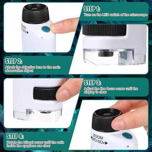 Tellegloww 2 حزمة مجهر جيب 60x-120x LED مجهر صغير مضاء للأطفال نطاق صغير محمول للأطفال مع 50 قطعة شرائح فارغة للتعليم المدرسي والتعلم والاستكشاف، أبيض in Kuwait