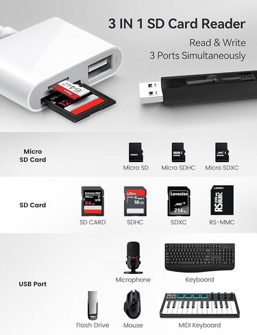 قارئ بطاقة SD USB C لجهاز iPhone 15/Mac/iPad Pro، قارئ بطاقة SD 3 في 1 USB C مع منفذ USB Thunderbolt إلى SD TF قارئ بطاقة الذاكرة لجهاز MacBook Pro/Air iMac M1 M2 Galaxy S22 S23 in Kuwait