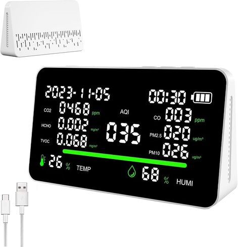 جهاز مراقبة جودة الهواء الداخلي 11 في 1 - محمول AQI PM2.5/PM10/CO/CO2/HCHO/TVOV، درجة الحرارة، كاشف الفورمالديهايد، الرطوبة، عرض الوقت لمراقبة المنزل|اختبار جودة الهواء للمساحة المحدودة in Saudi Arabia
