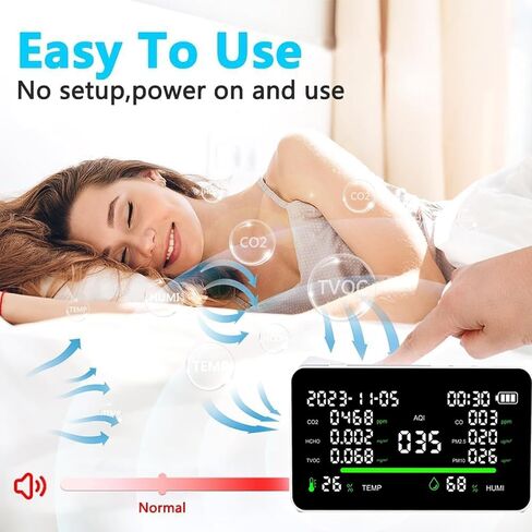 جهاز مراقبة جودة الهواء الداخلي 11 في 1 - محمول AQI PM2.5/PM10/CO/CO2/HCHO/TVOV، درجة الحرارة، كاشف الفورمالديهايد، الرطوبة، عرض الوقت لمراقبة المنزل|اختبار جودة الهواء للمساحة المحدودة in Saudi Arabia
