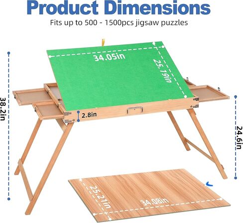 1500 Piece Puzzle Table with Legs, 35''x26'' Adjustable Puzzle Tables for Adults and Children | 3-Tilting-Angle Portable Wooden Jigsaw Puzzle Board with 4 Drawers & Cover for Gift in Saudi Arabia