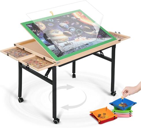 Puzzle Table 1500 Piece, 3-Angle Adjustable Jigsaw Puzzle Table with Drawers, Portable Puzzle Table with White Legs & Cover, Folding Puzzle Table on Wheels for Adults, for Puzzle Lovers in Saudi Arabia
