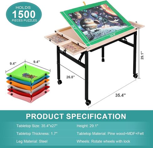 Puzzle Table 1500 Piece, 3-Angle Adjustable Jigsaw Puzzle Table with Drawers, Portable Puzzle Table with White Legs & Cover, Folding Puzzle Table on Wheels for Adults, for Puzzle Lovers in Saudi Arabia