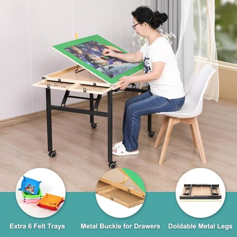 Puzzle Table 1500 Piece, 3-Angle Adjustable Jigsaw Puzzle Table with Drawers, Portable Puzzle Table with White Legs & Cover, Folding Puzzle Table on Wheels for Adults, for Puzzle Lovers in Saudi Arabia