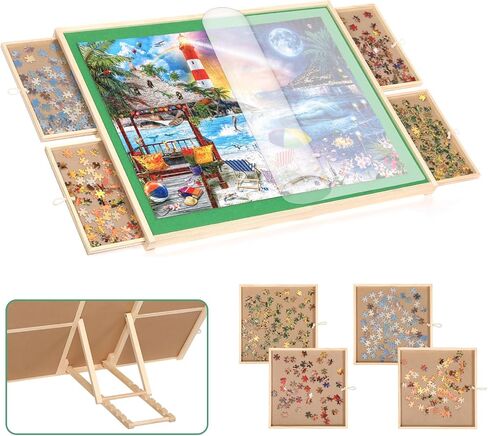 Puzzle Table 1500 Piece, 3-Angle Adjustable Jigsaw Puzzle Table with Drawers, Portable Puzzle Table with White Legs & Cover, Folding Puzzle Table on Wheels for Adults, for Puzzle Lovers in Saudi Arabia