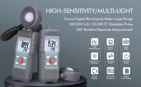 مقياس الإضاءة الرقمي مع إزالة 360 درجة احترافية، جهاز قياس درجة الحرارة المحيطة المحمول باليد، نطاق يصل إلى 200,000 لوكس، أخذ عينات Luxmeter لفصول مترو أنفاق المختبر in Kuwait