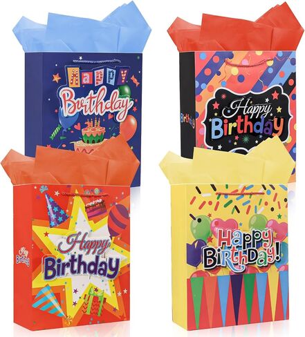 Moretoes Birthday Gift Bag, 4pcs Gift Bag with Tissue Paper and Handles, 3D Patches Gift Bags, Large Birthday Gift Bags for Kids, 10.2×12.5×4 Inches in Saudi Arabia