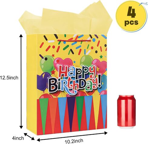 Moretoes Birthday Gift Bag, 4pcs Gift Bag with Tissue Paper and Handles, 3D Patches Gift Bags, Large Birthday Gift Bags for Kids, 10.2×12.5×4 Inches in Saudi Arabia