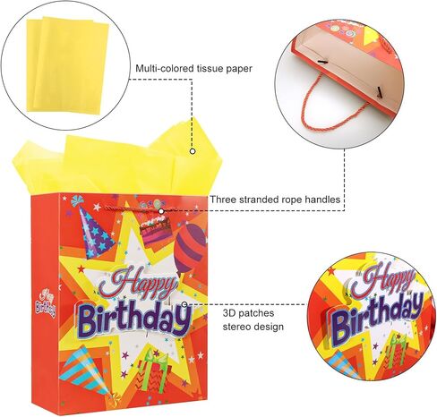 Moretoes Birthday Gift Bag, 4pcs Gift Bag with Tissue Paper and Handles, 3D Patches Gift Bags, Large Birthday Gift Bags for Kids, 10.2×12.5×4 Inches in Saudi Arabia