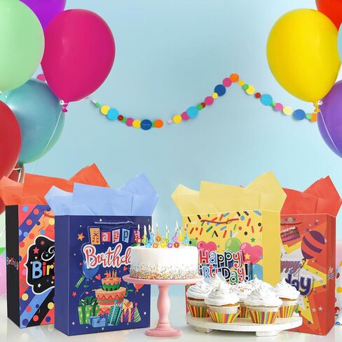 Moretoes Birthday Gift Bag, 4pcs Gift Bag with Tissue Paper and Handles, 3D Patches Gift Bags, Large Birthday Gift Bags for Kids, 10.2×12.5×4 Inches in Saudi Arabia