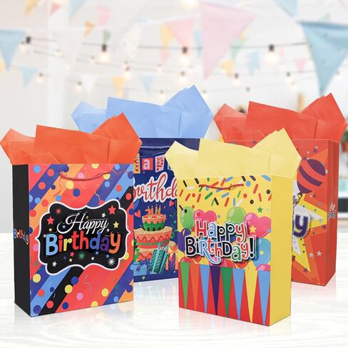 Moretoes Birthday Gift Bag, 4pcs Gift Bag with Tissue Paper and Handles, 3D Patches Gift Bags, Large Birthday Gift Bags for Kids, 10.2×12.5×4 Inches in Saudi Arabia