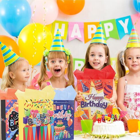 Moretoes Birthday Gift Bag, 4pcs Gift Bag with Tissue Paper and Handles, 3D Patches Gift Bags, Large Birthday Gift Bags for Kids, 10.2×12.5×4 Inches in Saudi Arabia
