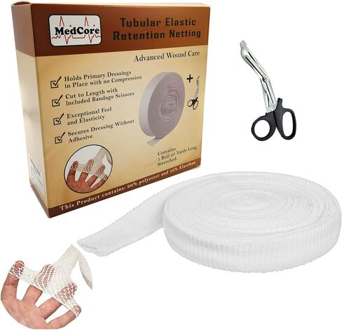 ضمادة شبكية أنبوبية ثابتة (مقاس 4) - لفافة بطول 10 ياردات تمتد إلى 25 ياردة - بالإضافة إلى زوج من المقص الطبي - ضمادة شاش شبكية مرنة للجروح - تناسب الأذرع والكاحلين والساق والأيدي والأقدام الكبيرة in Kuwait