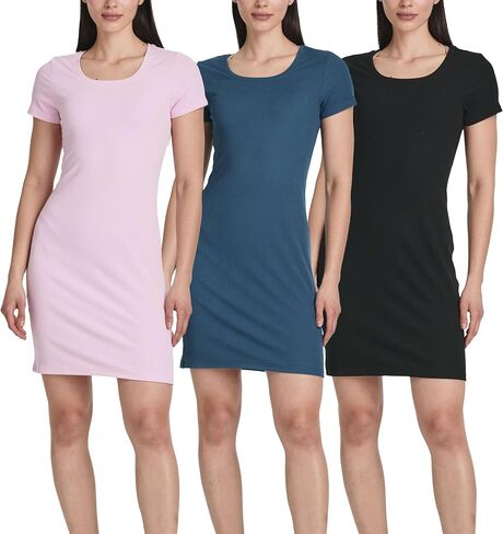 Real Essentials 3 Pack: Women's Mini Short Sleeve Ribbed Scoop Neck Casual T-Shirt Bodycon Dress in Saudi Arabia