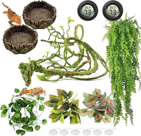 تشتمل ملحقات خزان FineCheer Leopard Gecko على نبات الزواحف الاصطناعية المعلقة ونباتات الزواحف والزواحف وأوعية الطعام والماء ومقياس الحرارة الرقمي للرطوبة لسحلية التنين وأفعى أبو بريص in Kuwait
