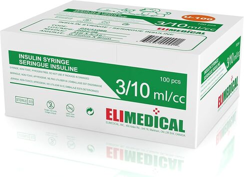 Elimedical Veterinary Insulin Syringe U-100 0.3cc (ml), 31G x 5/16 inch (7.9mm), Individually Packed, for Pet Cat or Dog, 100 per box, 03V3108B in Saudi Arabia
