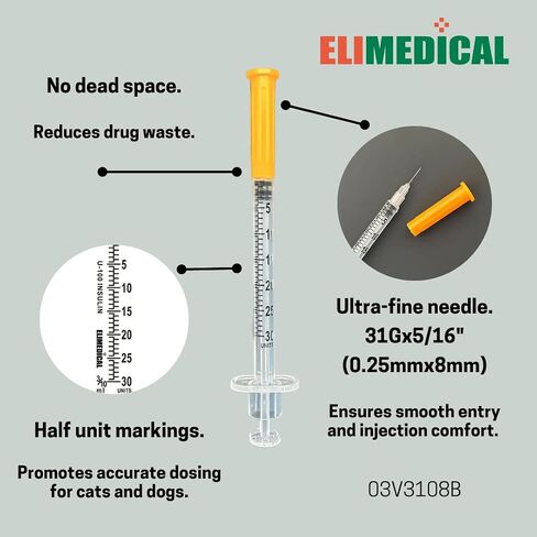 Elimedical Veterinary Insulin Syringe U-100 0.3cc (ml), 31G x 5/16 inch (7.9mm), Individually Packed, for Pet Cat or Dog, 100 per box, 03V3108B in Saudi Arabia