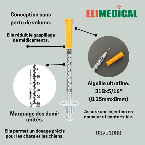 Elimedical Veterinary Insulin Syringe U-100 0.3cc (ml), 31G x 5/16 inch (7.9mm), Individually Packed, for Pet Cat or Dog, 100 per box, 03V3108B in Saudi Arabia