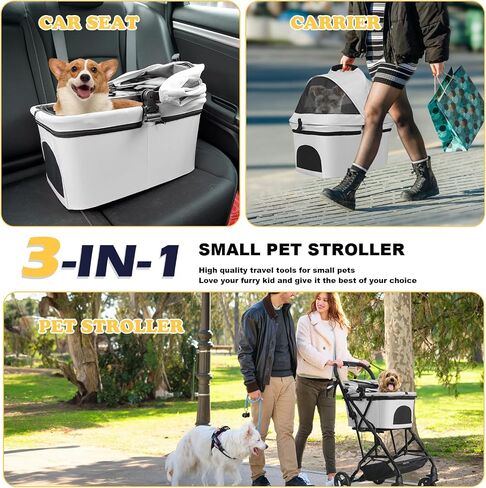 Dog Stroller for Small/Medium Dogs Cats Up to 33LBS, 3-in-1 Lightweight Foldable Pet Stroller with Removable Carrier, Storage Basket for Travel- Gray in Saudi Arabia