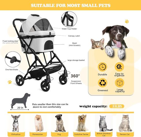 Dog Stroller for Small/Medium Dogs Cats Up to 33LBS, 3-in-1 Lightweight Foldable Pet Stroller with Removable Carrier, Storage Basket for Travel- Gray in Saudi Arabia